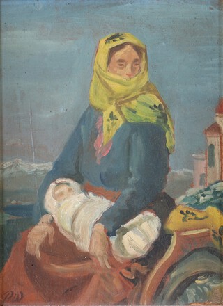 P. Wylie, Woman and Child, oil on board, signed with initials recto, inscribed "Kilkis, Greece" and dated 1910 verso, 25cm x 18cm, within a painted wood and hessian frame.