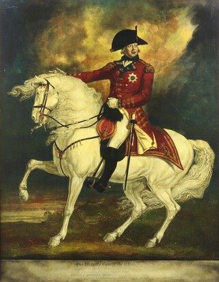 William Hopkins, after William Beechey, "His Majesty George the Third", reverse glass mezzotint with hand-colouring, published circa 1804, 68cm x 52cm, within a maple frame.		