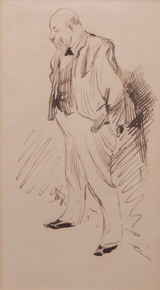 Arthur Rackham (British, 1867-1939), Full Length Portrait of a Gentleman, pen with ink, 15cm x 9cm, within a wooden frame. Provenance: Abbott and Holder, stock no. 47529. 