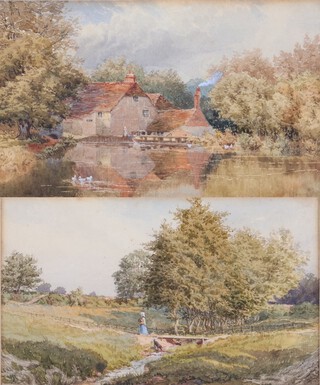 British School, Landscape with Pond and Farm, and Landscape with Figure on a Bridge, a pair of 19th century watercolours, one with obscured signature (possibly Fred Shaw), each 13cm x 22cm, both within gilt frames.