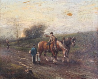 Norah Fleming, Horses and figures on a Country Lane, oil on canvas, signed and dated 1915, 40cm x 50cm, within a painted and gilt composition frame