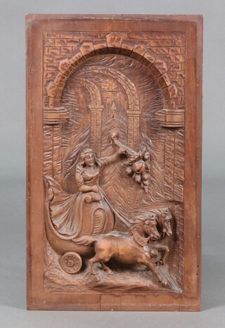 A Victorian Continental carved walnut panel depicting a lady in chariot 67cm h x 40cm w 