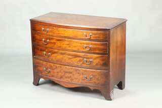 A 1930's Georgian style mahogany bow front chest of 4 long drawers with brass swan neck drop handles, raised on splayed bracket feet 74cm h x 93cm w x 46cm d  