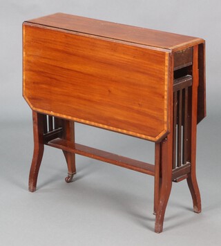 An Edwardian inlaid and crossdbanded mahogany occasional table, raised on ceramic casters 64cm x 67cm w x 20cm d 