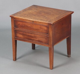 An 18th Century oak commode with hinged lid converted for us a box/stool, raised on square tapered supports 47cm h x 47cm w x 41cm d 