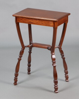 An Edwardian rectangular mahogany occasional table with hinged lid, raised on outswept supports with diamond shaped undertier, the lid inlaid darts to the corner (possibly a musical box case) 68cm h x 45cm w x 29cm d 