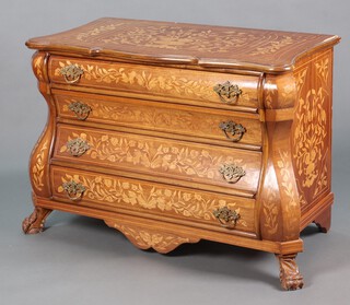A 20th Century Dutch style marquetry commode of bombe form, fitted 4 drawers, raised on ball and claw supports 84cm h x 1119cm w x 58cm d 