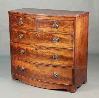 A 19th Century mahogany bow front chest of 2 short and 3 long drawers with replacement oval plate drop handles, raised on bracket feet 104cm h x 108cm w x 53cm d 
