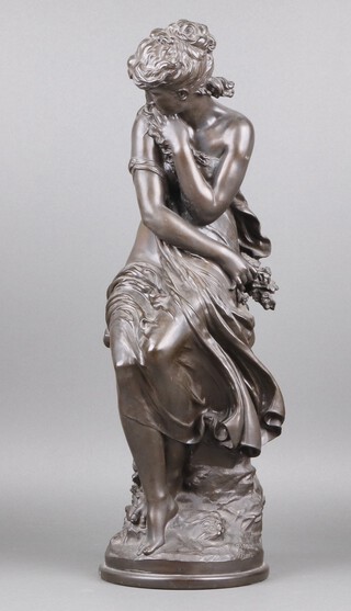 After Moreau Math, a resin figure of a seated classical lady on a circular base 64h 