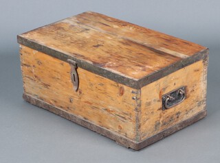 A 19th Century rectangular pine box with iron banding and hinged lid 29h x 67w x 40d 