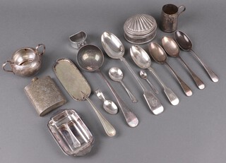 A silver plated fiddle pattern basting spoon, a silver plated Old English pattern soup ladle and a collection of plated items