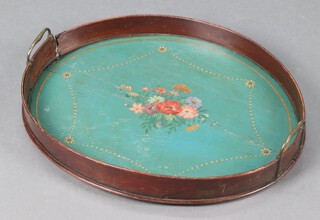A 19th Century painted mahogany twin handled tea tray with swag decoration 