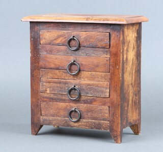 An apprentice style hardwood chest of 4 drawers with ring drop handles 26h x 25w x 13d  