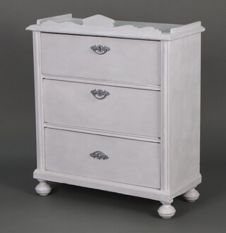 A French grey painted pine chest with 3/4 gallery fitted 3 drawers, raised on bun feet 87h x 80w x 36d 