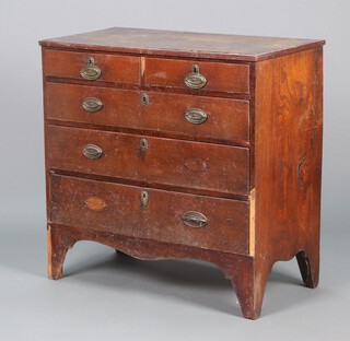 An 18th/19th Century elm chest of 2 short and 3 long drawers, raised on bracket feet 89h x 91w x 47d (top is warped and split, section of moulding missing to top left edge, veneers missing in places) 