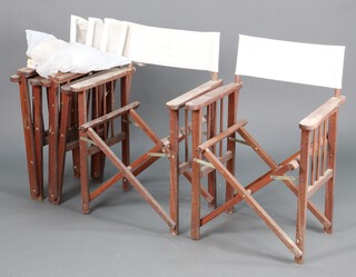 Four hardwood folding "directors" style garden chairs 86h x 61w x 49d (seats require attention)