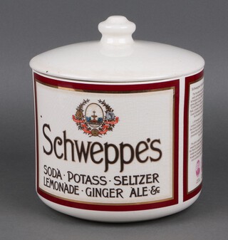 A Schweppes cylindrical pottery ice bucket and lid 17cm h