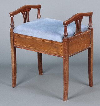 An Edwardian inlaid mahogany piano stool with hinged lid 60h x 51w x 34d 