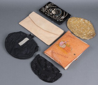 Five ladies evening bags and a leather pouch marked "Gloves Handkerchiefs" 