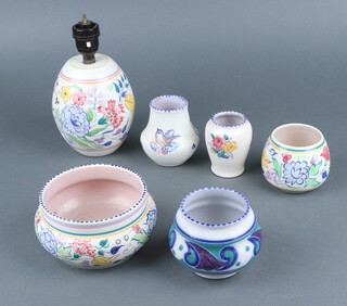 A Poole Pottery lamp base with impressed mark 15cm, ditto bowl and 4 vases 