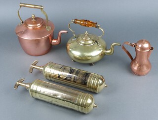 Two Pyrene Type 1 brass cased fire extinguishers, a copper kettle, a brass kettle and an Abyssinia copper jug 