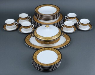 A French 32 piece Versailles pattern dinner/tea service with meat plate, twin handled tureen and cover, 6 dinner plates, 6 soup bowls, 6 tea plates, 6 cups and 6 saucers