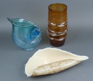 A blue and green Art Glass jug in the form of a shell 31cm, a brown Art Glass vase 33cm and a dish 45cm 
