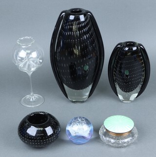 Two black and white bubble Art Glass vases 31cm and 21cm, a circular bowl 8cm, a paperweight, a cut glass powder jar and a glass  