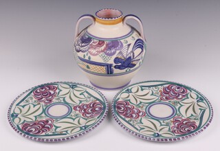 Carter Stabler Adams Ltd. Poole, a twin handled vase with bird and floral decoration, PN to base 17cm  together with a pair of ditto plates decorated grapes 2828 ITR 21cm (both cracked) 