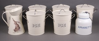 Six twin handled pressed metal Ice pails, a metal jar and cover and a metal jug decorated a hare