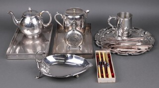 Two 1930's rectangular pierced galleried trays, an Elkington & Co silver plated teapot, a shaped dish and other plated items