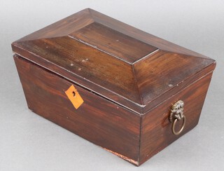 A 19th Century inlaid rosewood tea caddy of sarcophagus form with brass lion mask handles 14h x 29w x 18d 