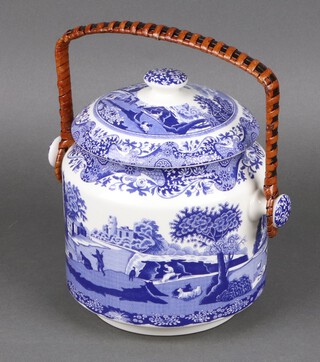 A Spode 200th Anniversary Italian blue biscuit barrel and cover with swing handle 23cm 