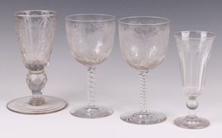A large early 19th Century glass 18cm, a pair of Victorian etched glasses (chipped) and one other