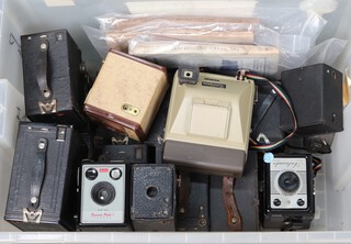 A Coronet Ambassador box camera, a Brownie II box camera and other box cameras etc, contained in a plastic box 