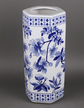 A hexagonal blue and white Canton style stick stand 45cm 