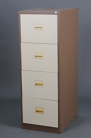 A brown and cream metal 4 drawer filing cabinet 132h x 47w x 62d 