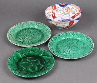 A 19th Century Imari bowl with panelled decoration 18cm (cracked and chipped) together with 2 Wedgwood green leaf shaped dishes (1 chipped) and one other