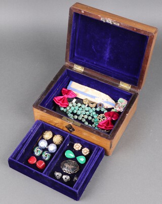 A silver Niello brooch decorated a figure and a small collection of costume jewellery contained in a 19th Century mahogany box 