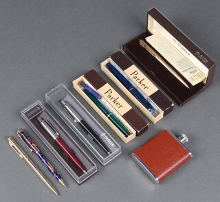 A green Parker Slinfold fountain pen, a blue Parker fountain pen, 3 Parker fountain pens and 2 others