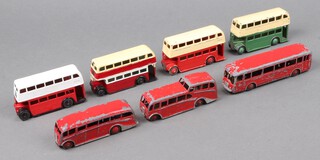 A collection of late 1940's early 1950's Dinky buses to include double decker x 4, observations coach, luxury coach and a French Somua-Panhard Paris Bus.