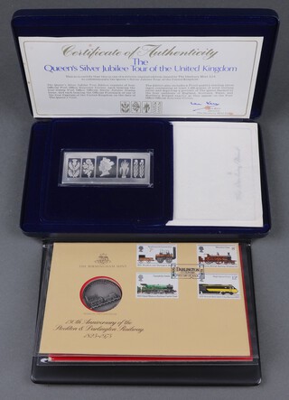 A Danbury Mint Silver Jubilee Tour of The United Kingdom proof ingot 96 grams and 4 Birmingham Mint Stockton to Darlington 150th Anniversary coins 
