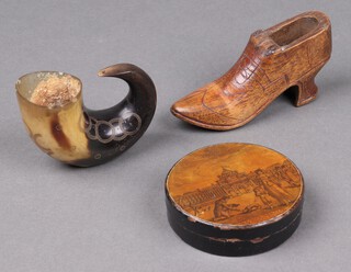 A 19th Century carved horn snuff mull 5cm (lid missing) and a 19th Century carved wooden snuff box in the form of a shoe 6cm (a/f and, a facsimile seal contained in a wooden box (chip to rim) 