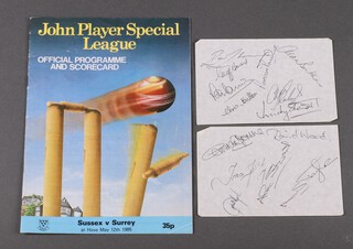 Of cricketing interest, a John Players Special, Sussex Versus Surrey Hove May 12th 1985 programme and 2 slips of paper with numerous signatures including David Ward 
