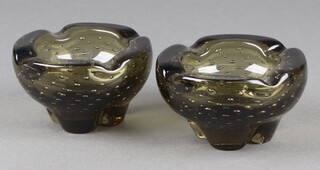 Two Whitefriars brown bubble glass ashtrays 12cm 
