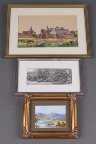 Mary Croute, miniature watercolour drawing of a mountain river, 6cm x 8cm, N Ward a limited edition etching of a cart, 11/42, 5cm x 14cm and a watercolour drawing of a French farmhouse 12cm x 19cm 