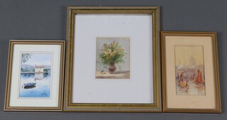 Natalya Maltseva, watercolour still life study of vase of flowers 14cm h x 10cm w, watercolour  St Pauls from the River, monogrammed EHH, 15h x 8w and G James 1987, watercolour Venetian lake Scene 14h x 9w 