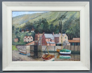 Leonard Heaysman, "The Harbour Porlock Weir" oil on board signed, 28h x 38w within a white painted frame