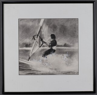 John Scarland (b.1947), Windsurfer, 20th century charcoal with ink and gouache, signed and dated '90, 29cm x 31cm, within an ebonised frame.