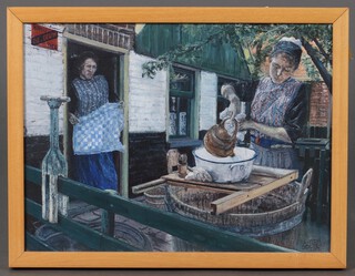 Anton Dolders, oil on canvas, lady preparing a shaving bowl, 29cm x 39cm 